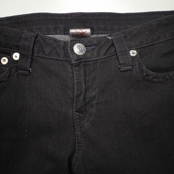 True Religion Ladies Size 31 Black World Tour Skinny Jeans w/ Purple Stitching - Picture 7 of 13